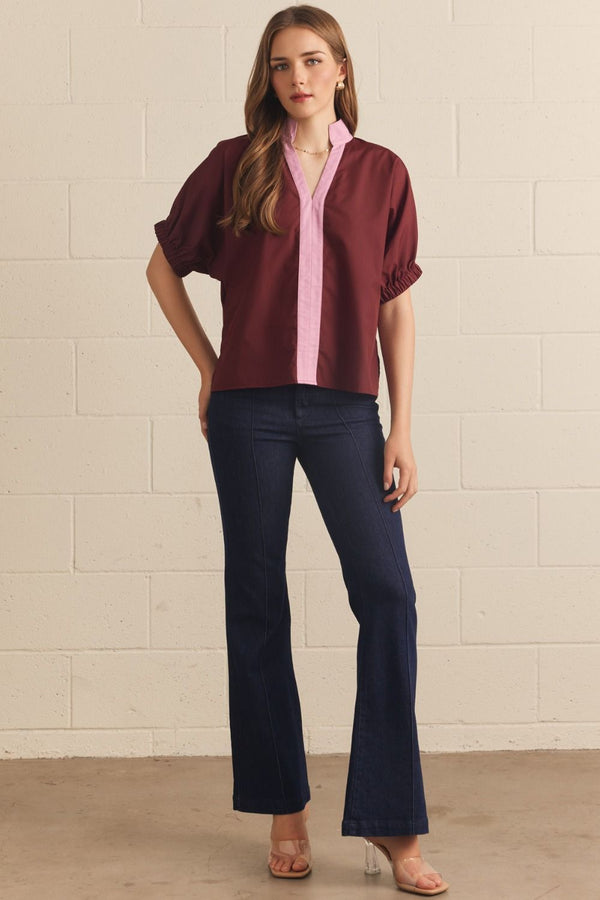 Solid Puff Sleeve Contrast Trim Top | Burgundy