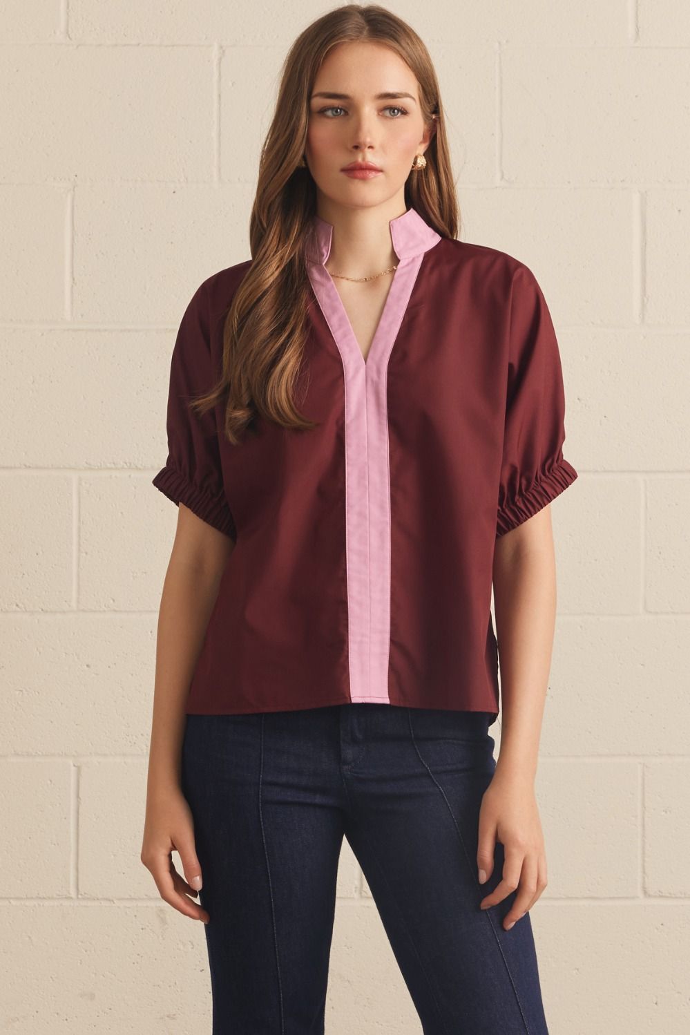 Solid Puff Sleeve Contrast Trim Top | Burgundy