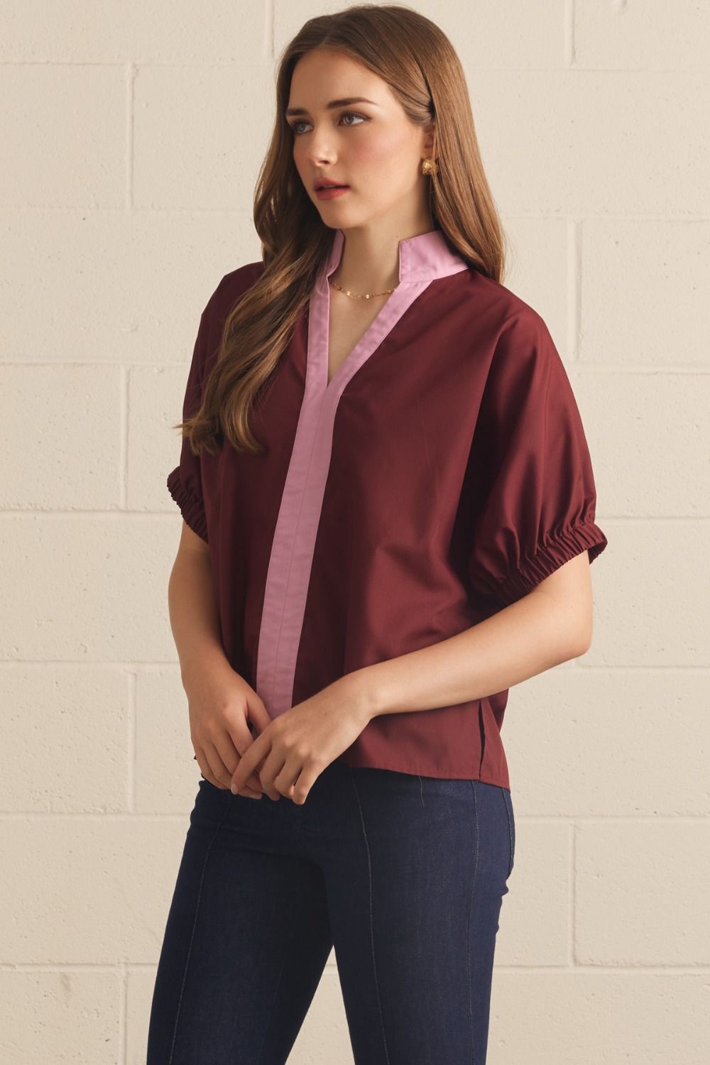 Solid Puff Sleeve Contrast Trim Top | Burgundy