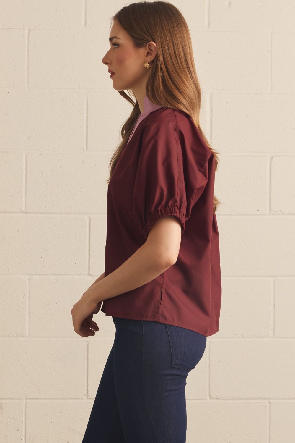 Solid Puff Sleeve Contrast Trim Top | Burgundy