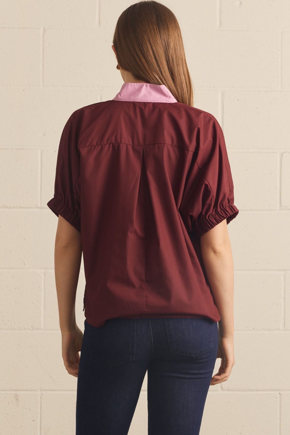 Solid Puff Sleeve Contrast Trim Top | Burgundy