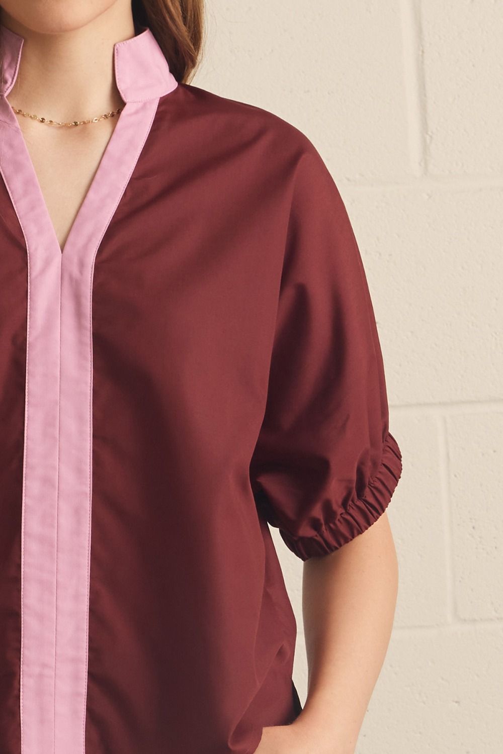Solid Puff Sleeve Contrast Trim Top | Burgundy
