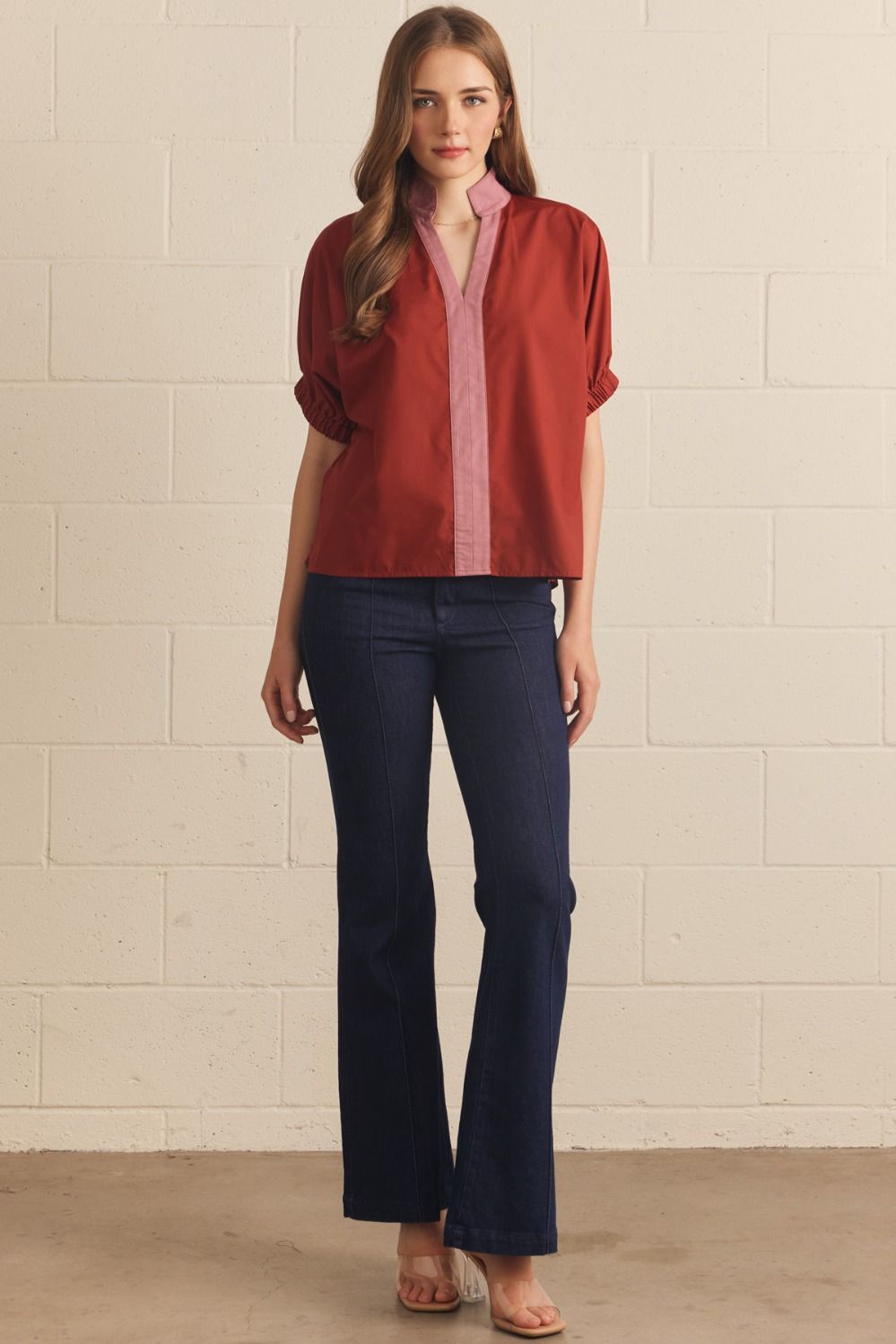 Solid Puff Sleeve Contrast Trim Top | Rust