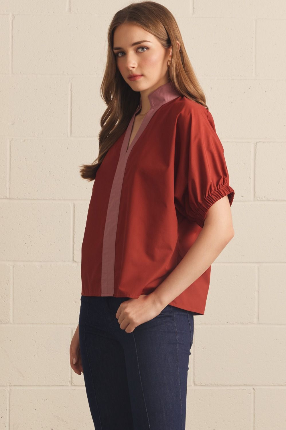 Solid Puff Sleeve Contrast Trim Top | Rust