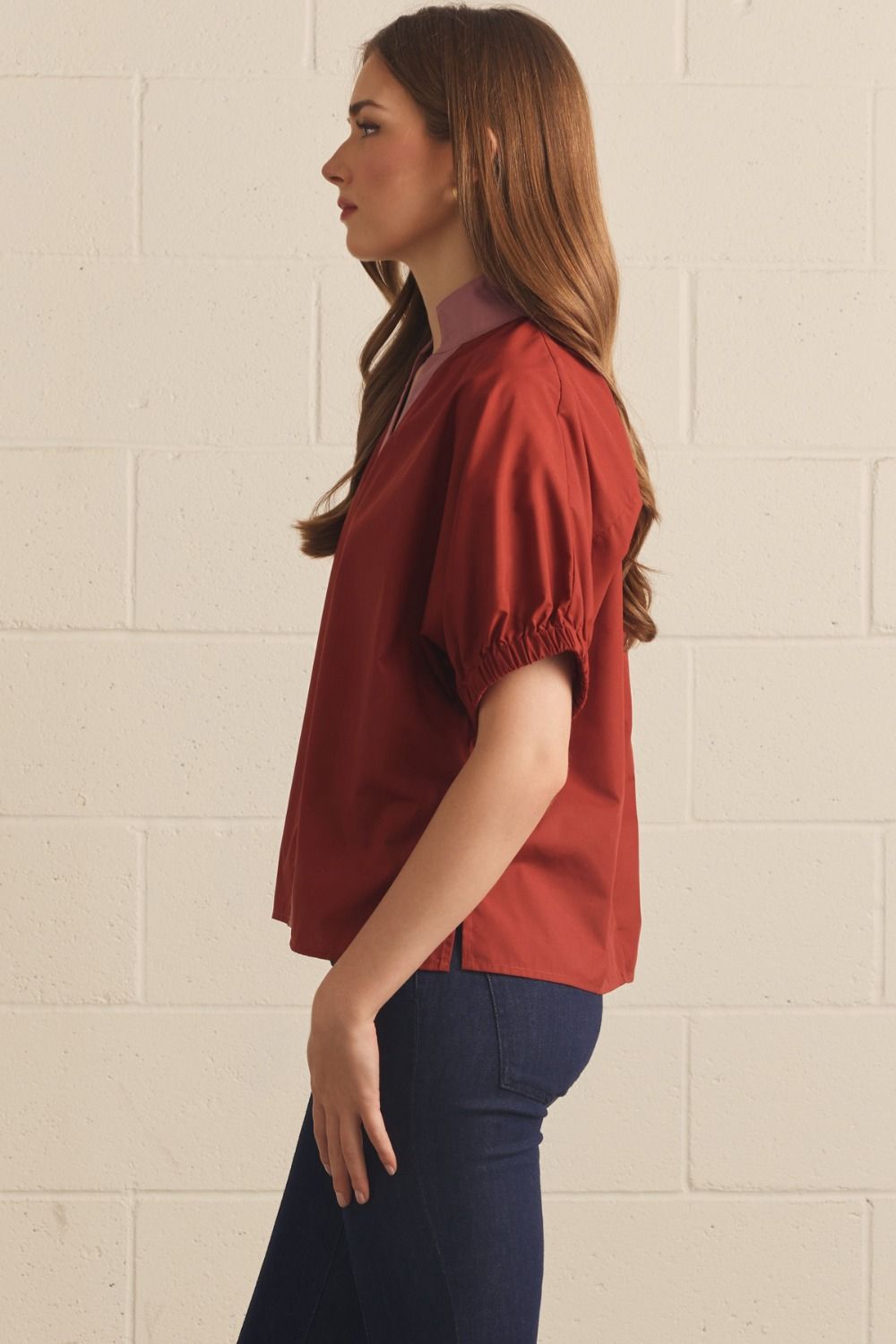 Solid Puff Sleeve Contrast Trim Top | Rust