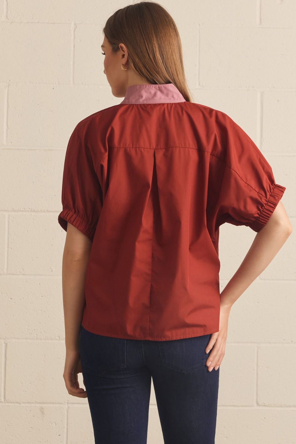 Solid Puff Sleeve Contrast Trim Top | Rust