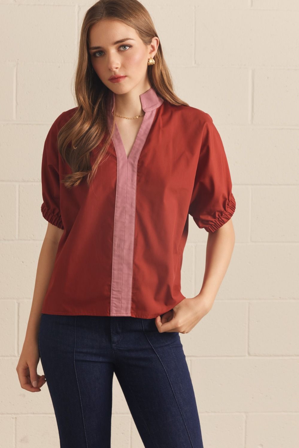 Solid Puff Sleeve Contrast Trim Top | Rust