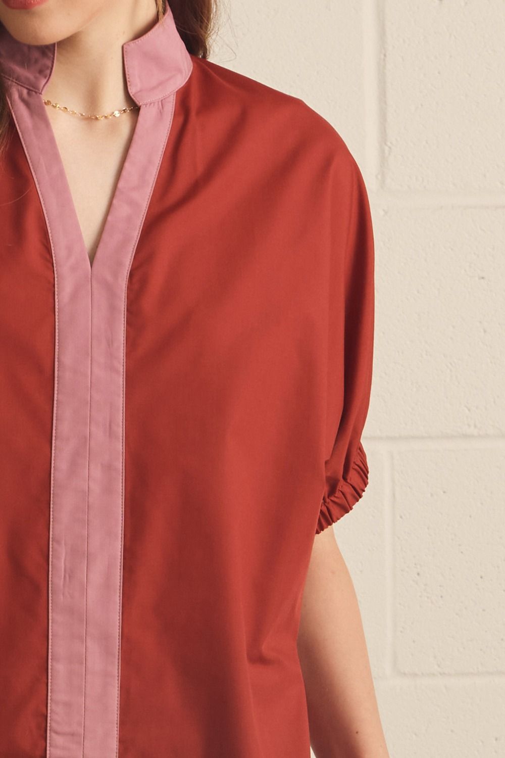 Solid Puff Sleeve Contrast Trim Top | Rust