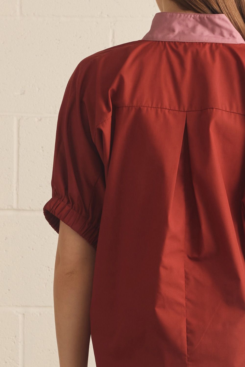 Solid Puff Sleeve Contrast Trim Top | Rust