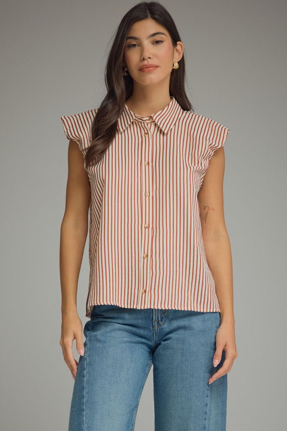 Stripe Ruffle Cap Sleeve Button Top | Rust