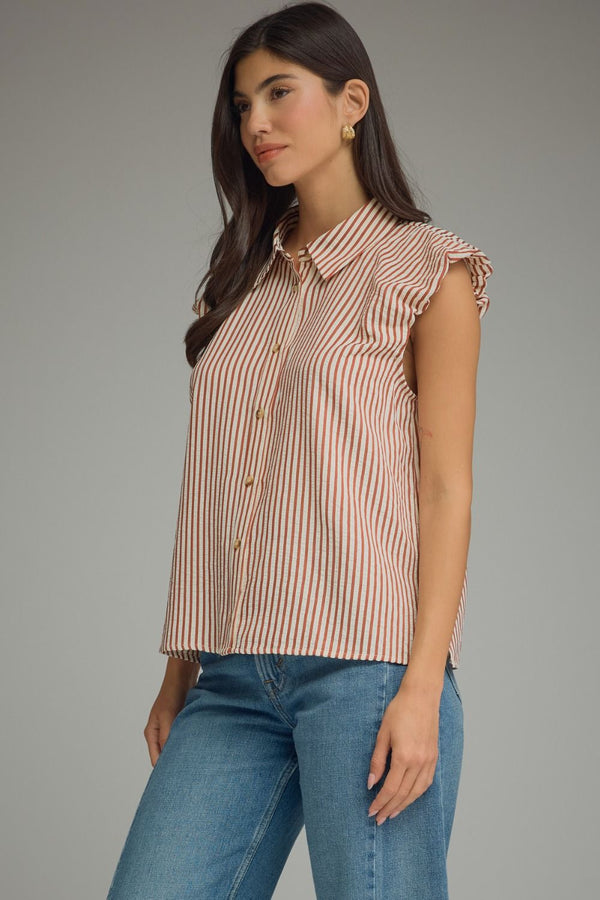 Stripe Ruffle Cap Sleeve Button Top | Rust