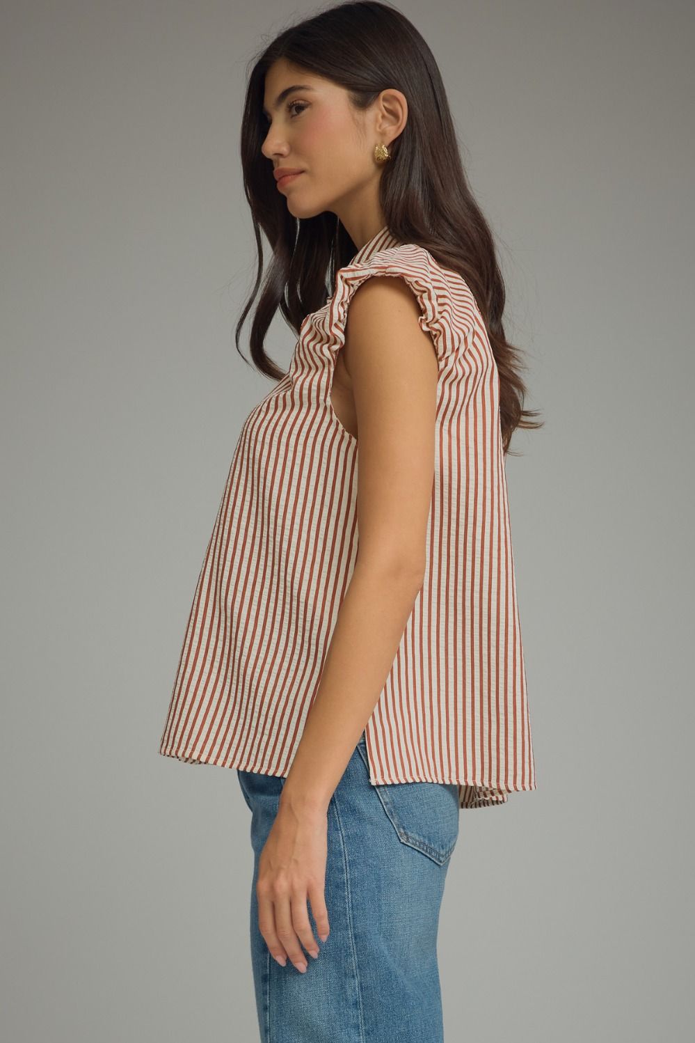 Stripe Ruffle Cap Sleeve Button Top | Rust