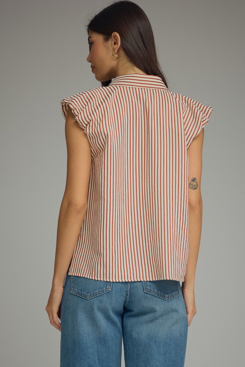 Stripe Ruffle Cap Sleeve Button Top | Rust