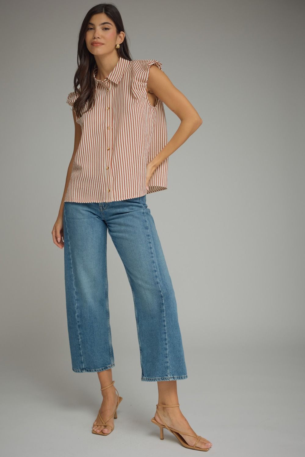 Stripe Ruffle Cap Sleeve Button Top | Rust