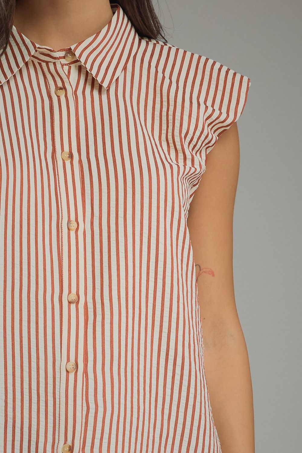 Stripe Ruffle Cap Sleeve Button Top | Rust