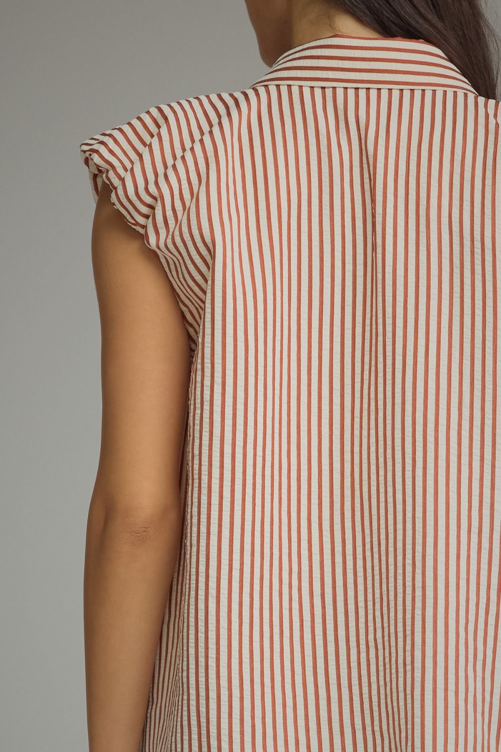 Stripe Ruffle Cap Sleeve Button Top | Rust