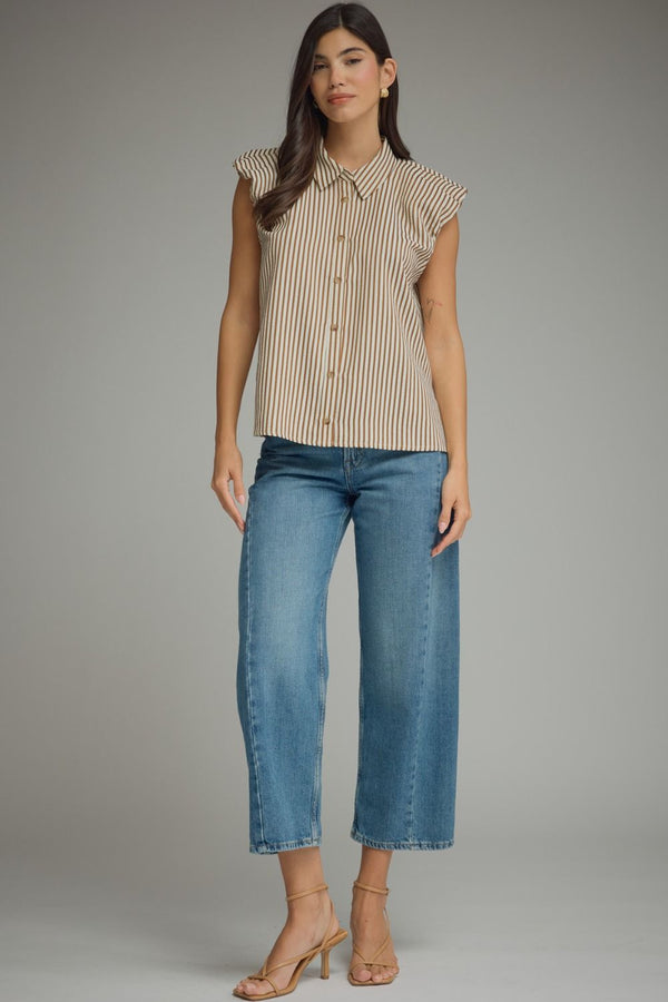 Stripe Ruffle Cap Sleeve Button Top | Brown