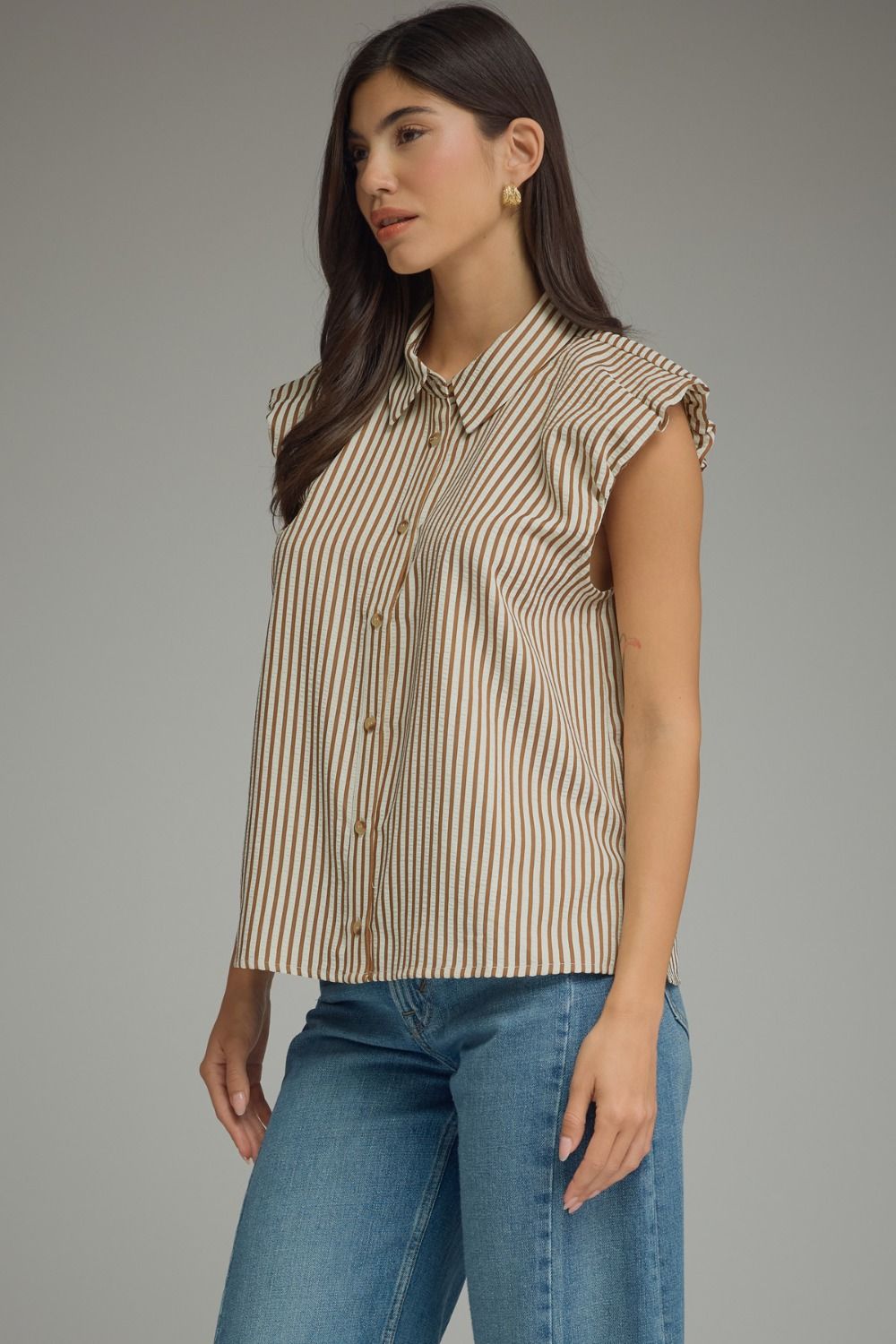 Stripe Ruffle Cap Sleeve Button Top | Brown