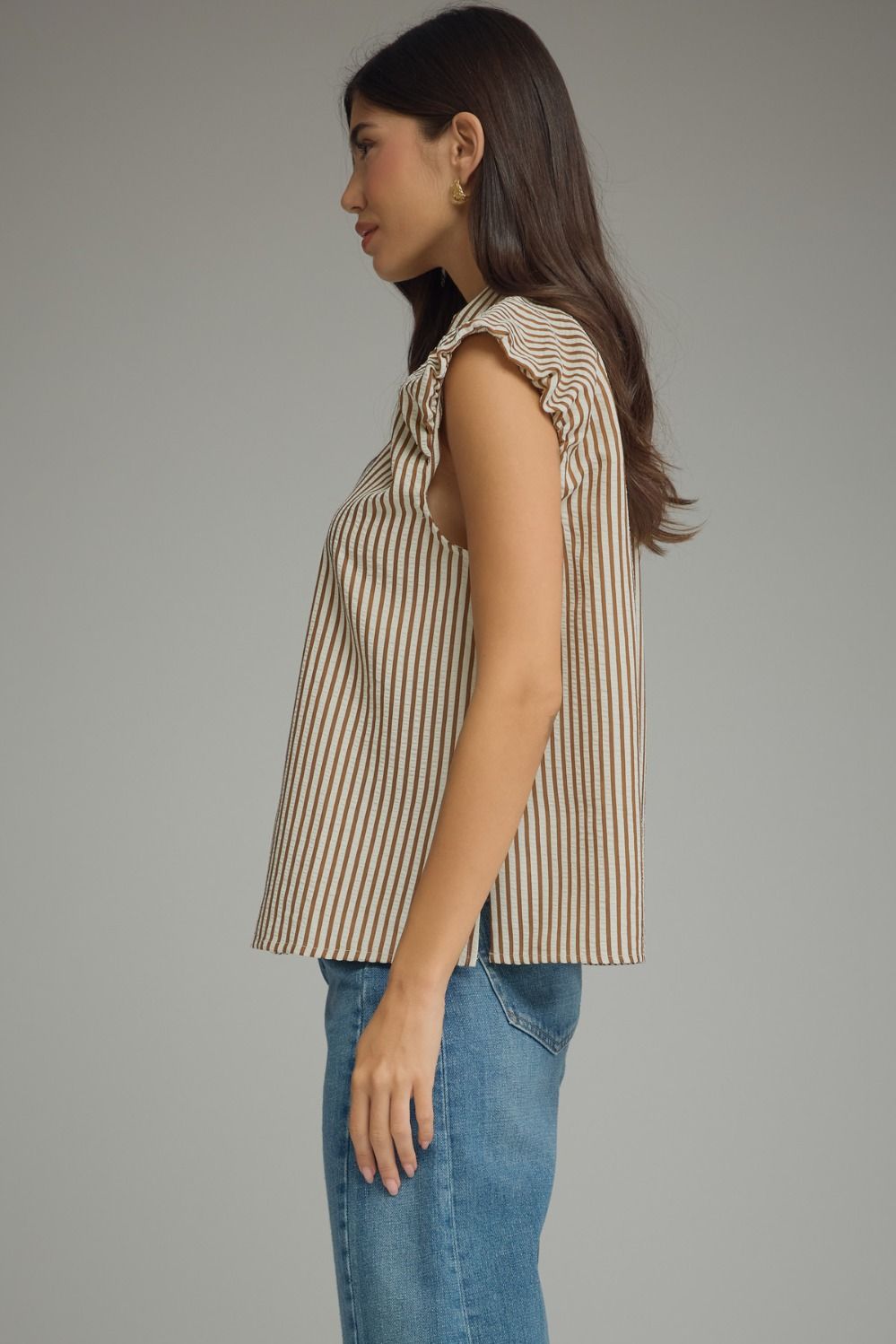 Stripe Ruffle Cap Sleeve Button Top | Brown