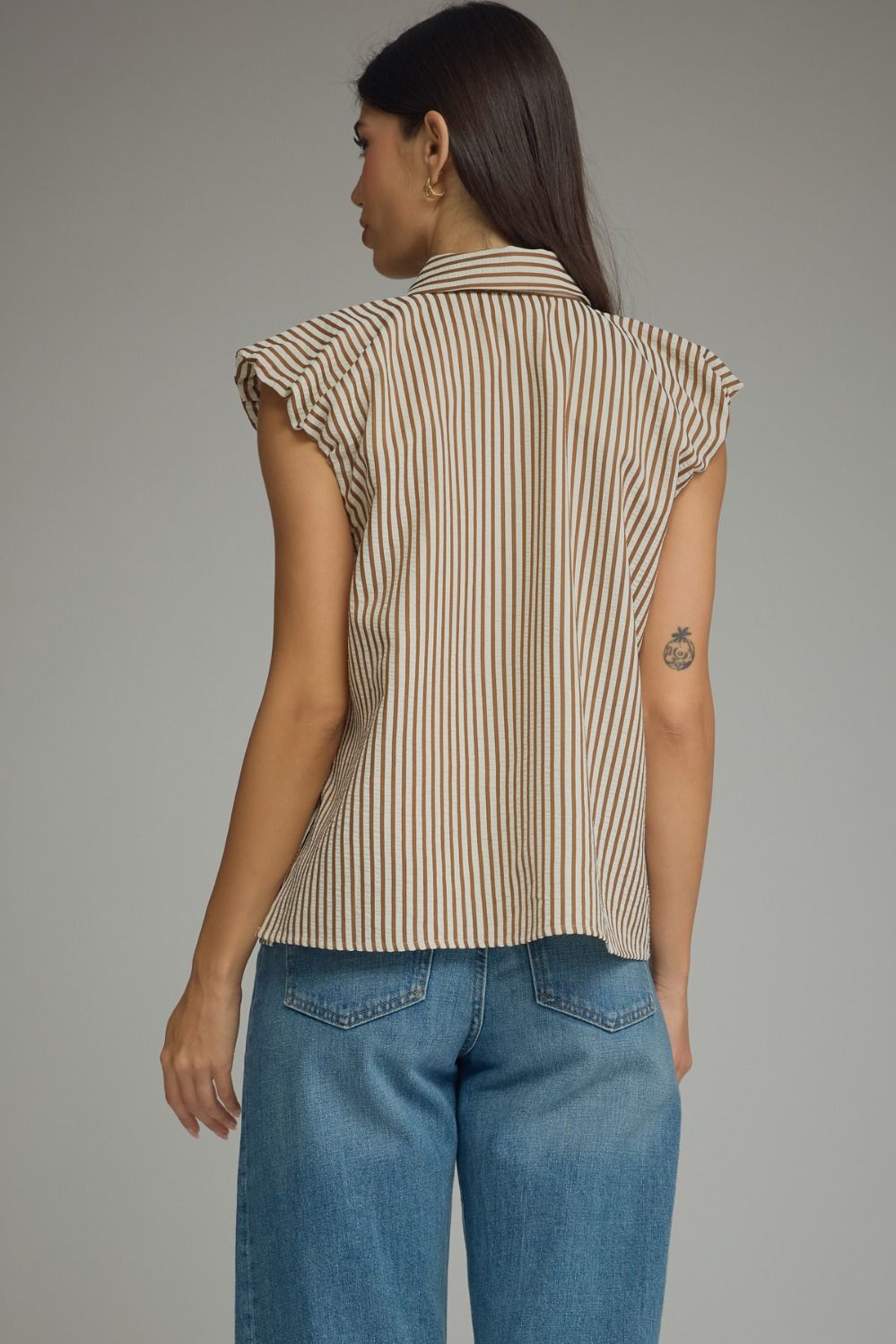 Stripe Ruffle Cap Sleeve Button Top | Brown