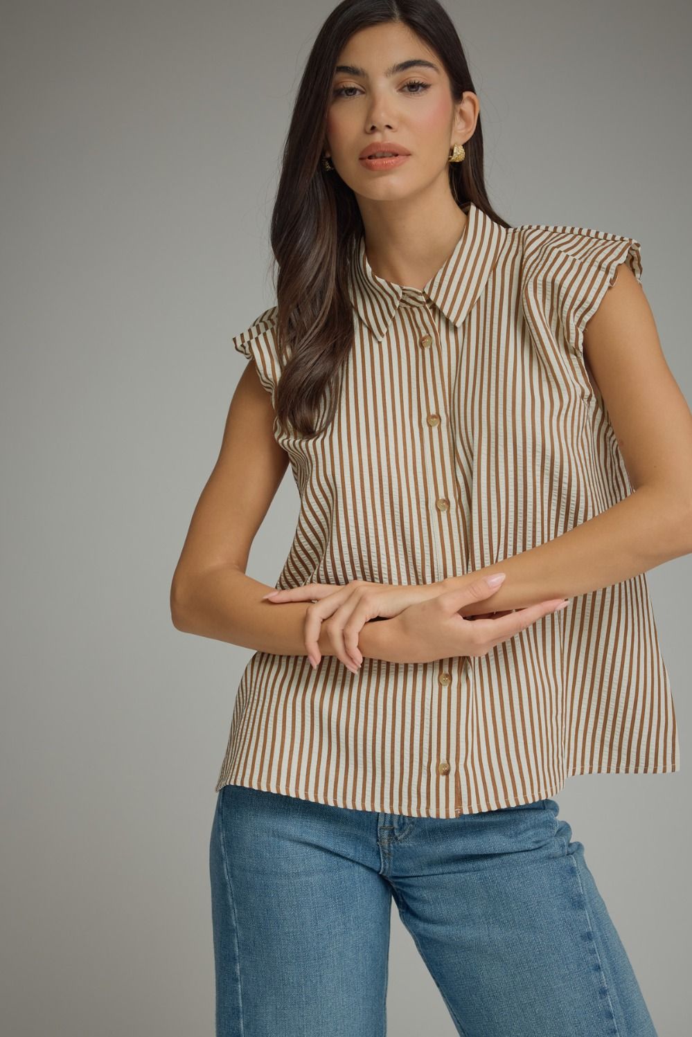 Stripe Ruffle Cap Sleeve Button Top | Brown