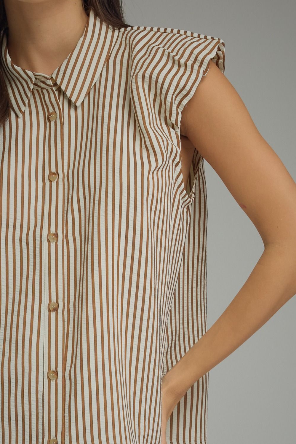 Stripe Ruffle Cap Sleeve Button Top | Brown