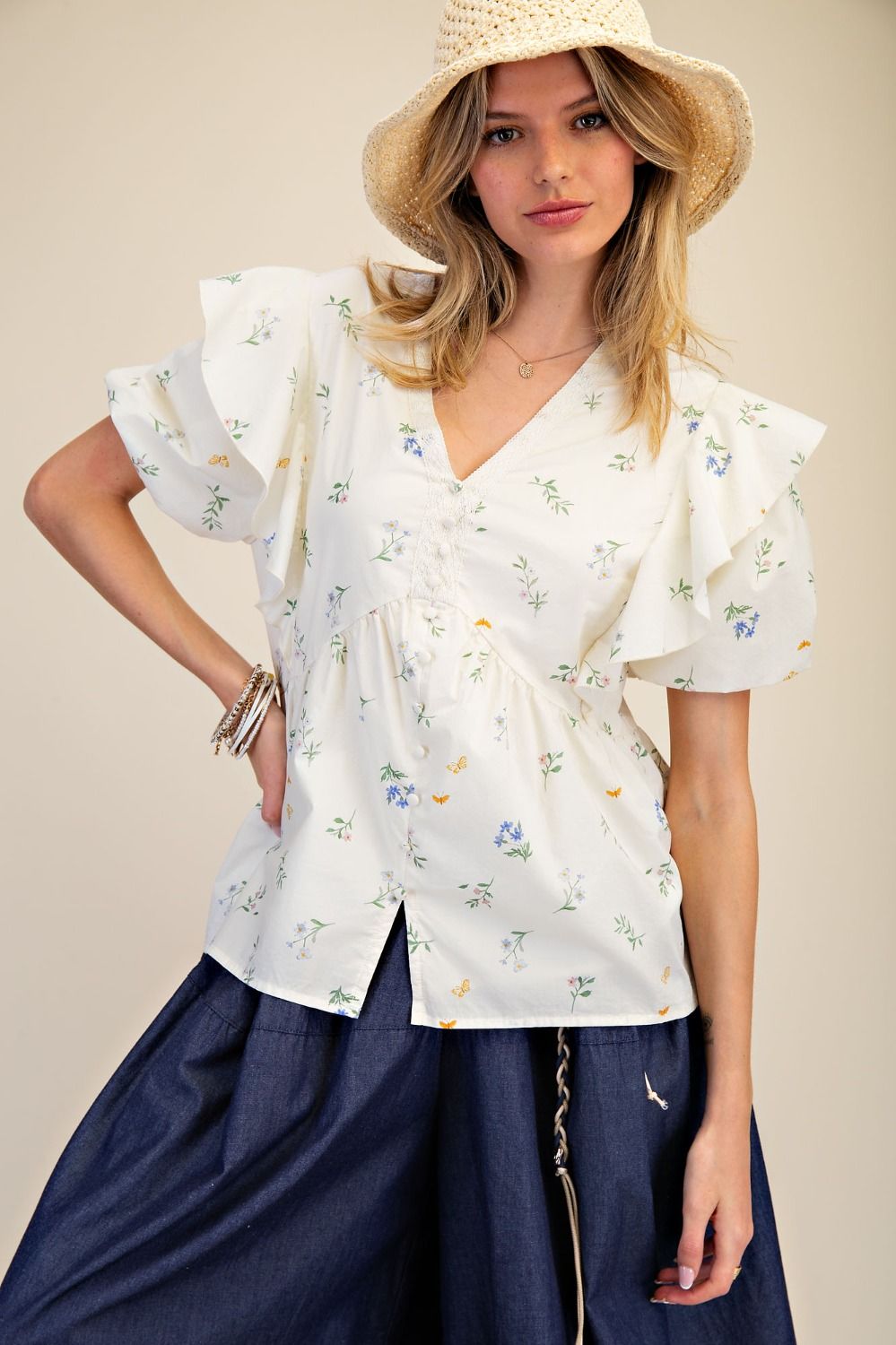 Bubble Sleeve Floral Poplin Top | Ivory
