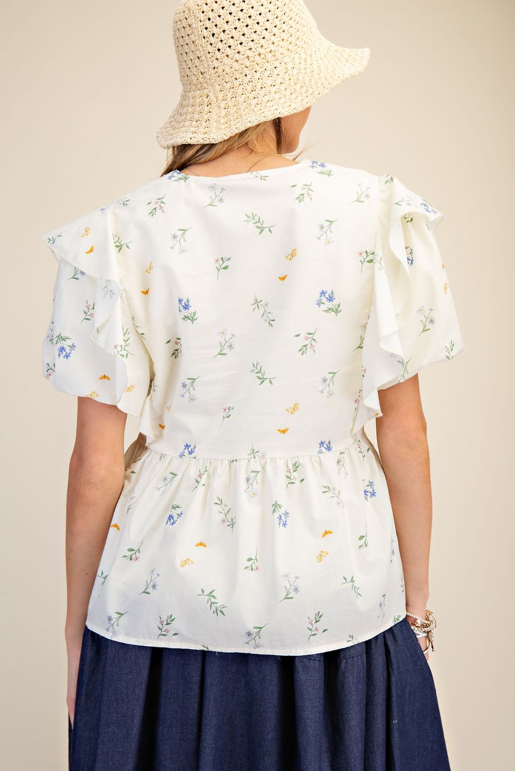 Bubble Sleeve Floral Poplin Top | Ivory