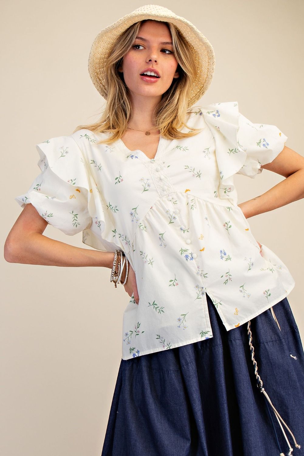 Bubble Sleeve Floral Poplin Top | Ivory