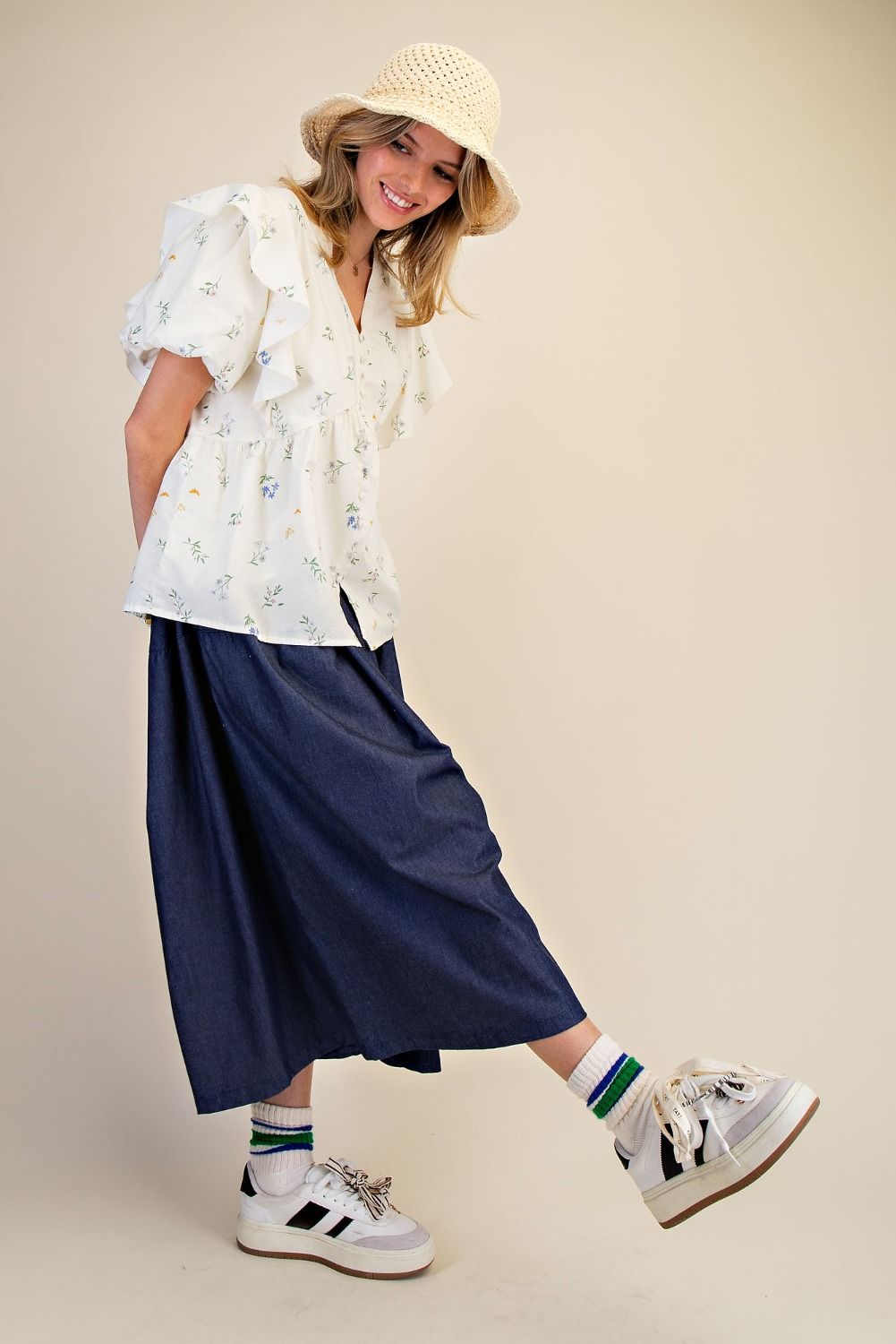 Bubble Sleeve Floral Poplin Top | Ivory