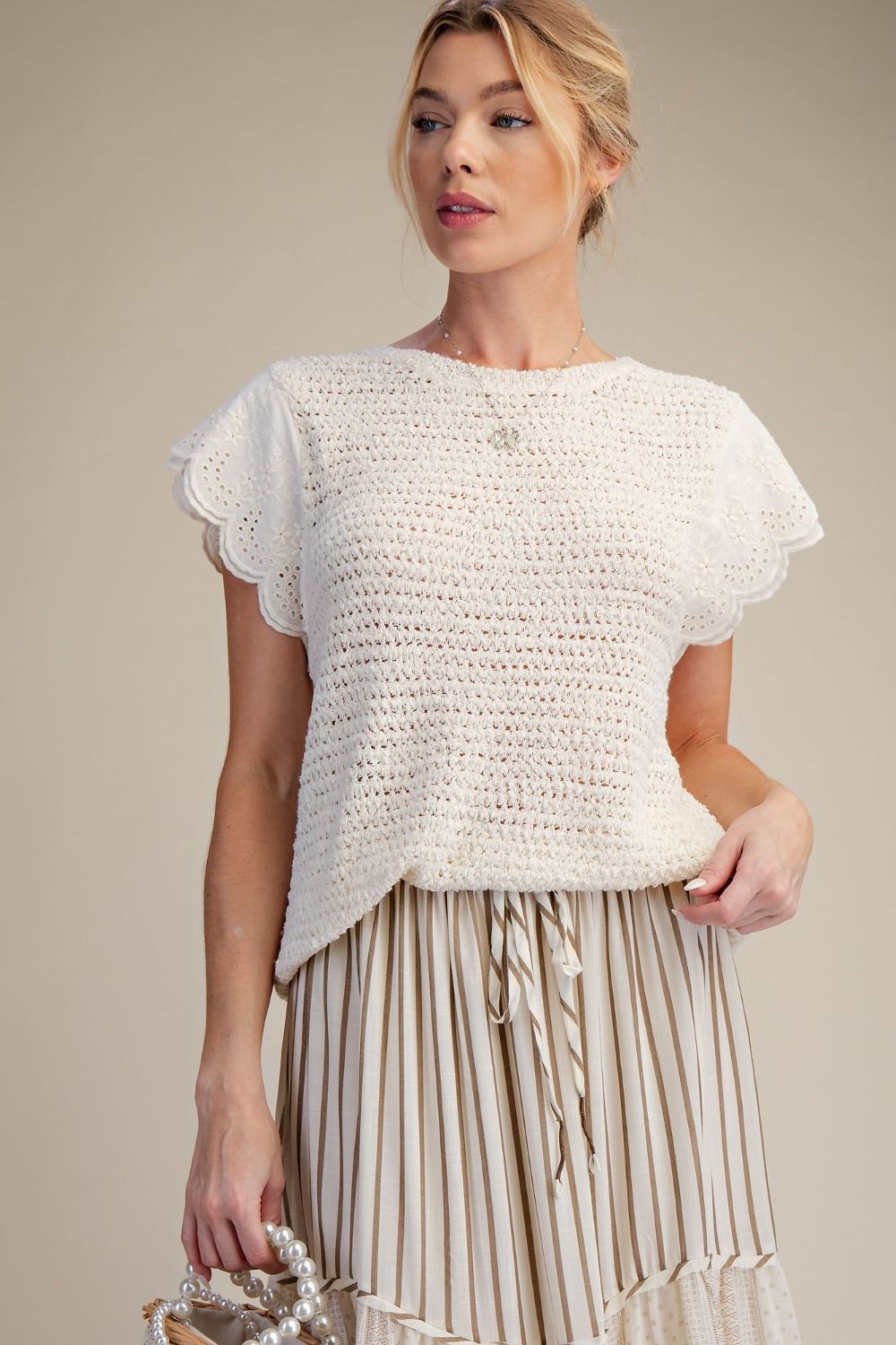 Scalloped Sleeve Knit Sweater Top | Natural
