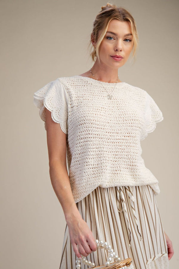 Scalloped Sleeve Knit Sweater Top | Natural