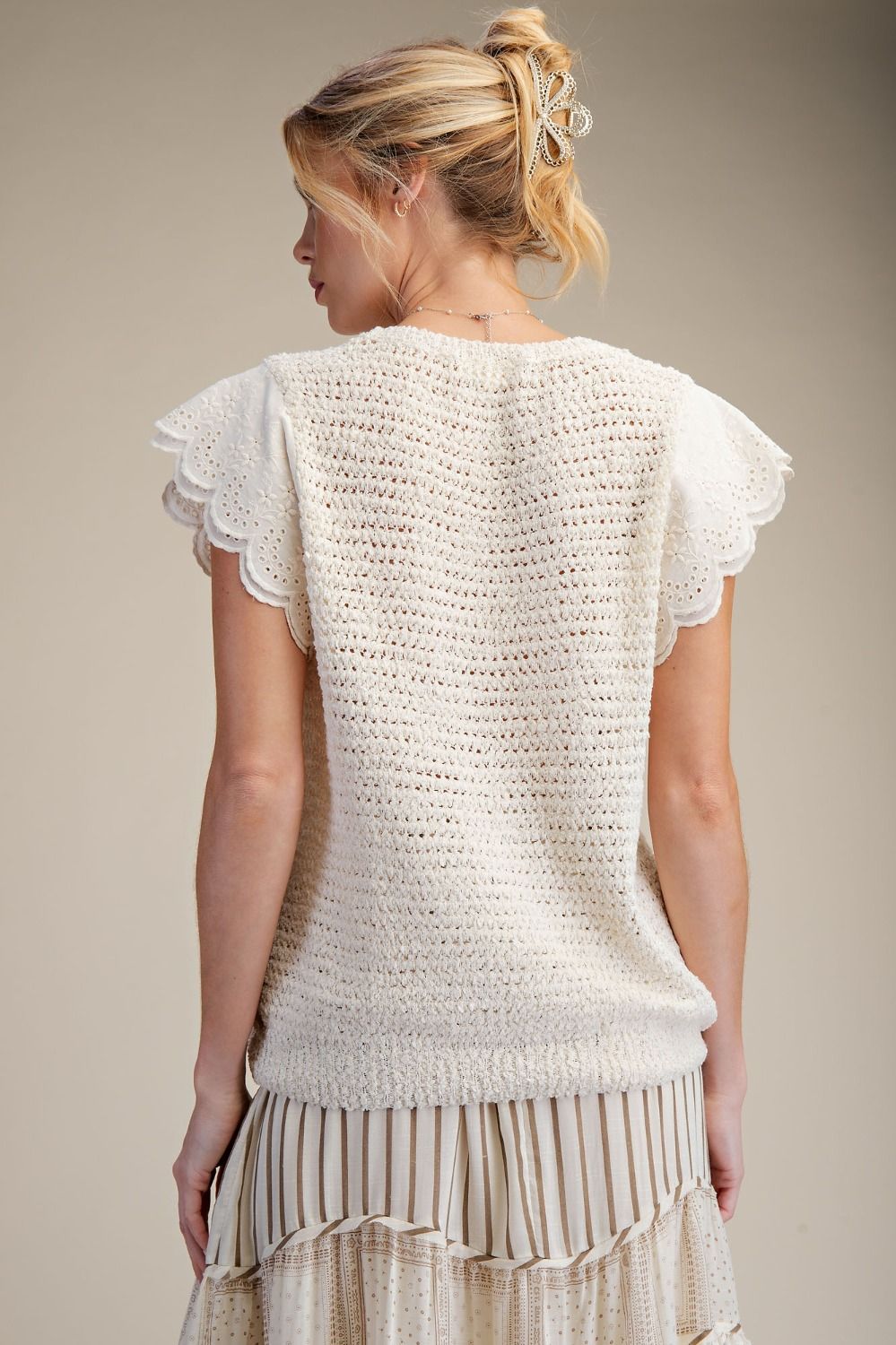 Scalloped Sleeve Knit Sweater Top | Natural