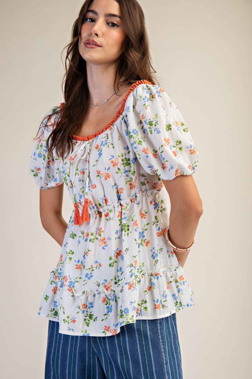 Tassel Detail Floral Bubble Sleeve Top | Ivory