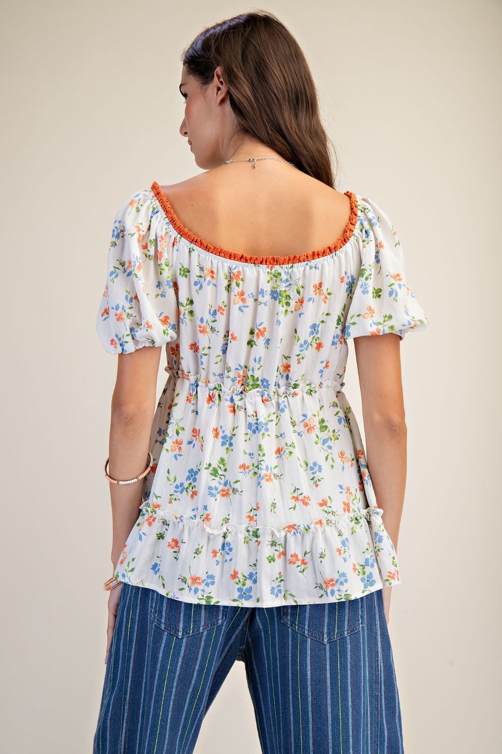 Tassel Detail Floral Bubble Sleeve Top | Ivory