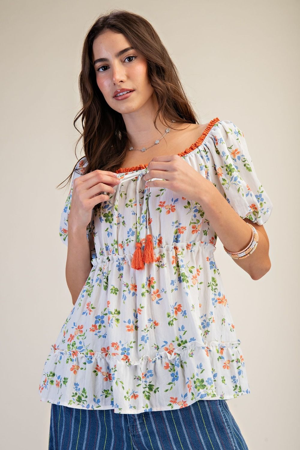 Tassel Detail Floral Bubble Sleeve Top | Ivory