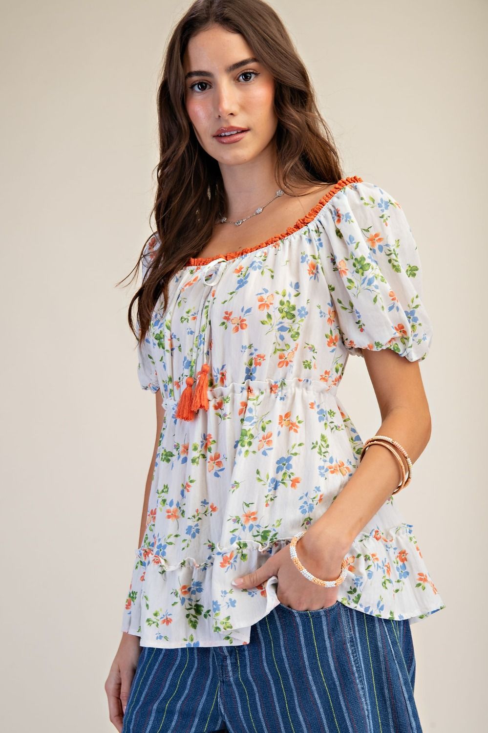Tassel Detail Floral Bubble Sleeve Top | Ivory