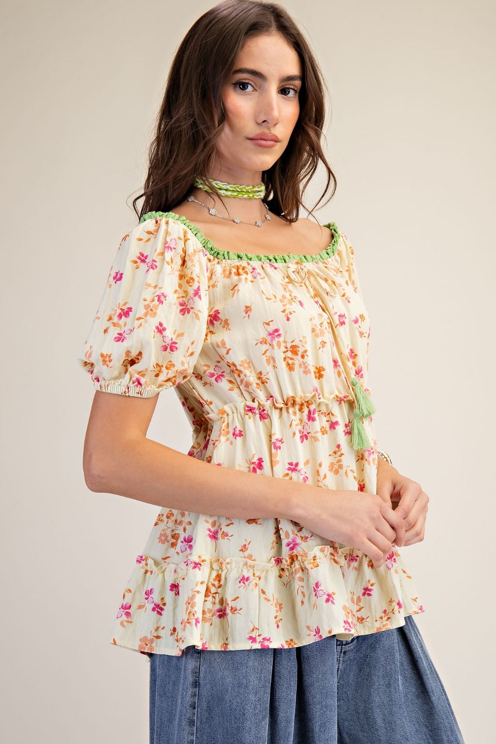 Tassel Detail Floral Bubble Sleeve Top | Yellow