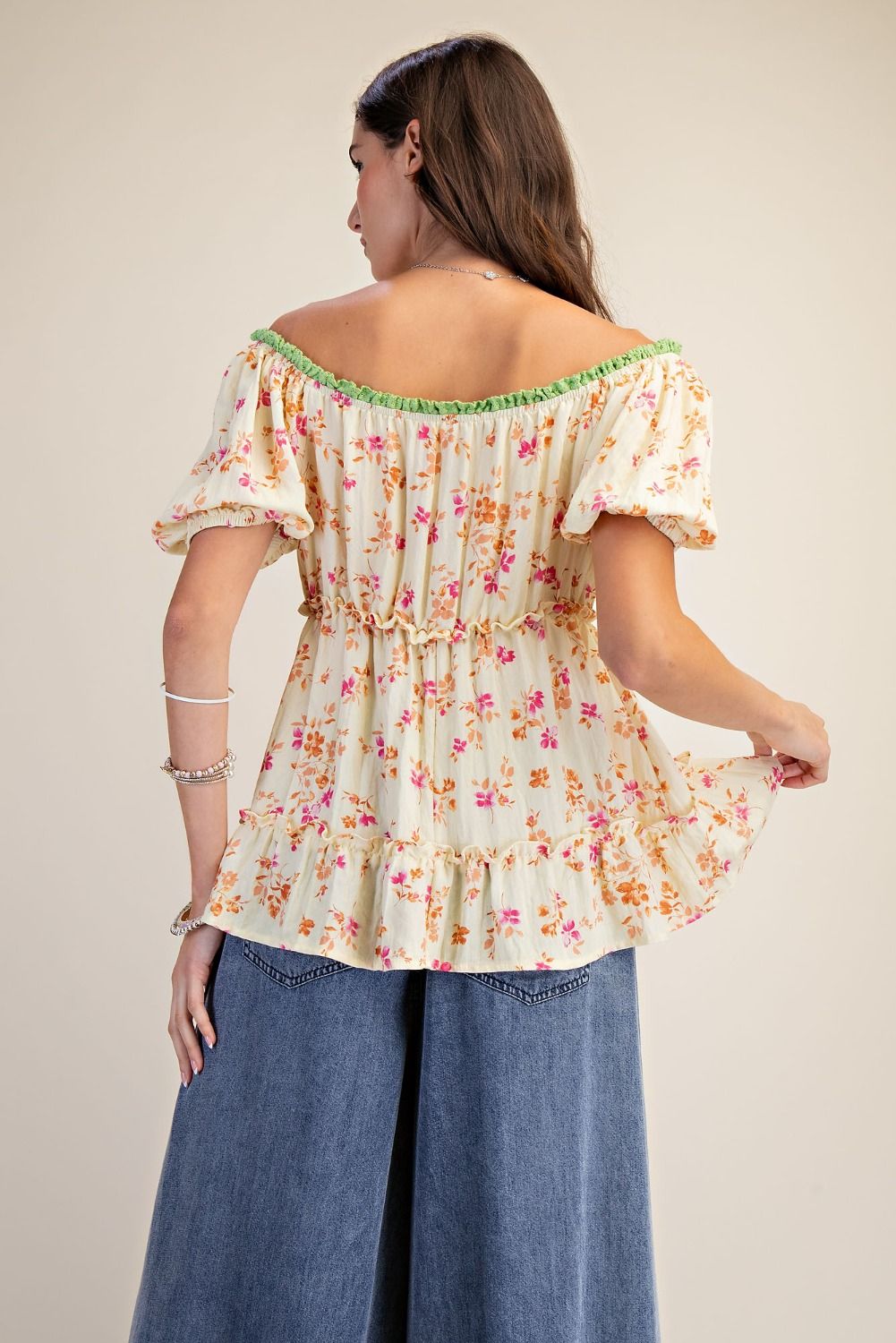 Tassel Detail Floral Bubble Sleeve Top | Yellow