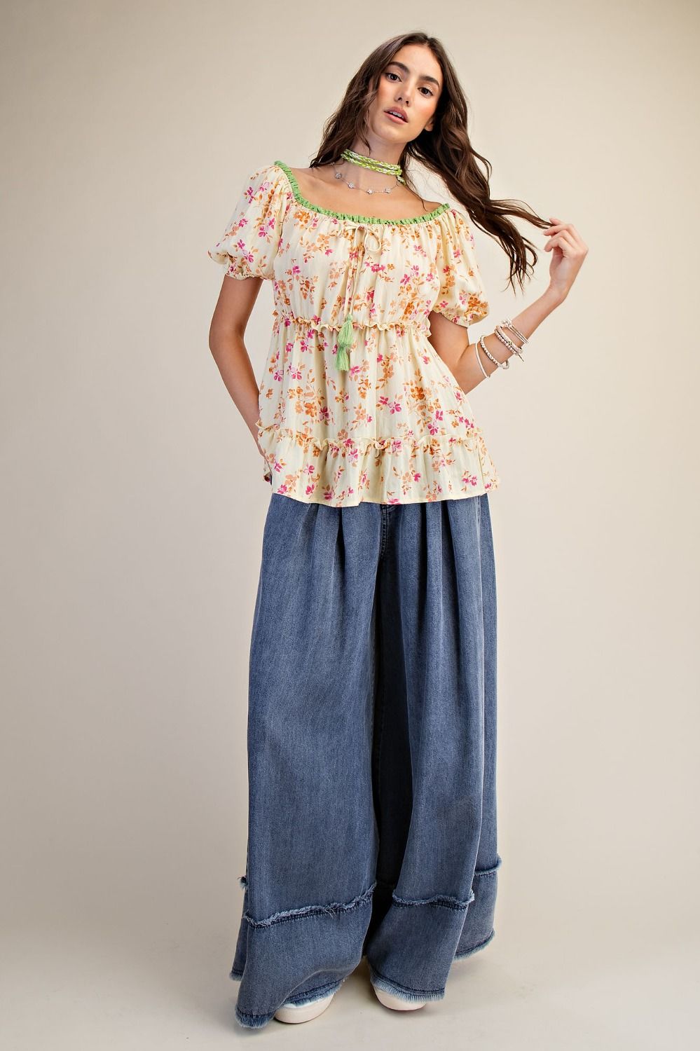 Tassel Detail Floral Bubble Sleeve Top | Yellow