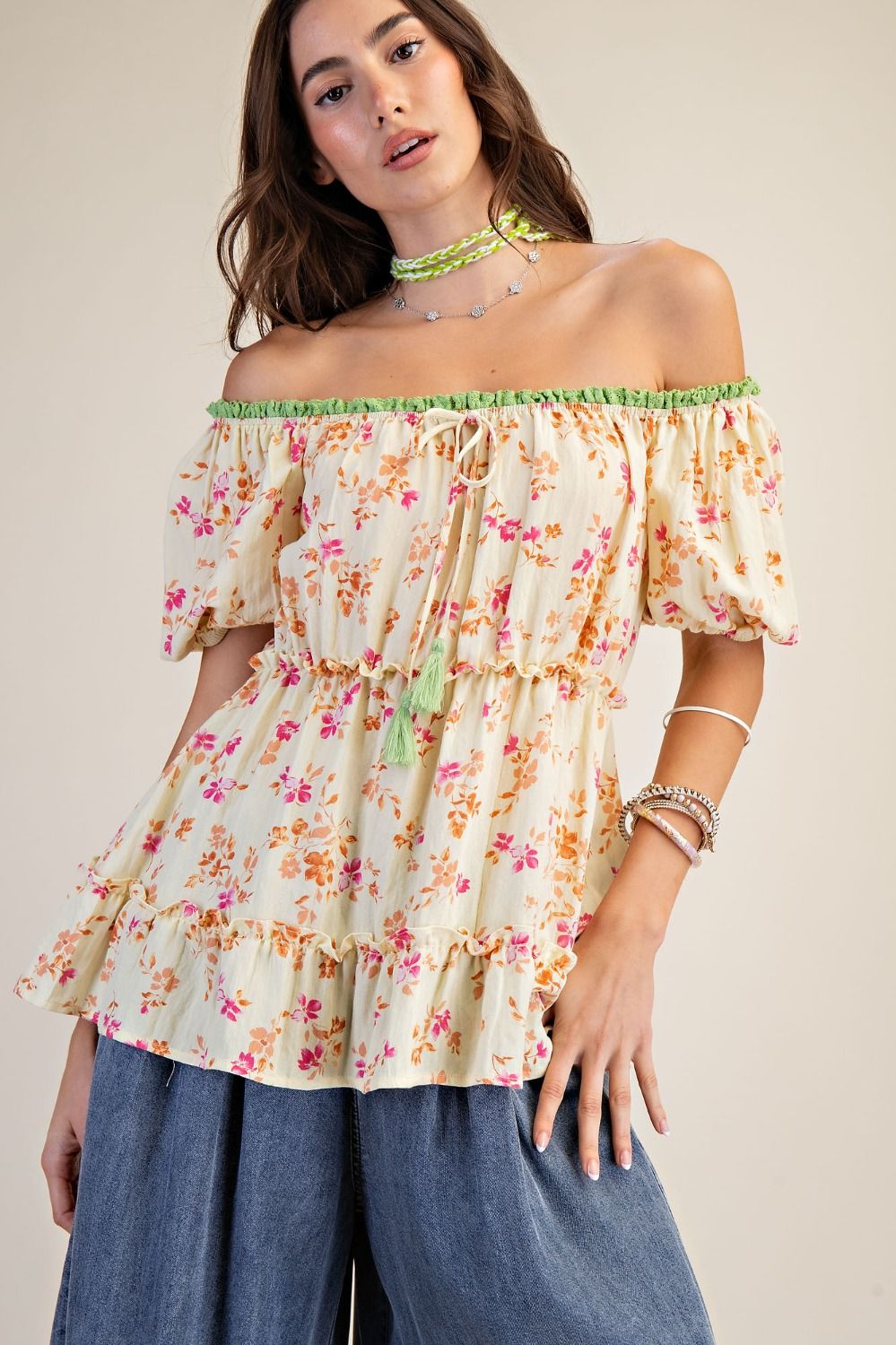 Tassel Detail Floral Bubble Sleeve Top | Yellow