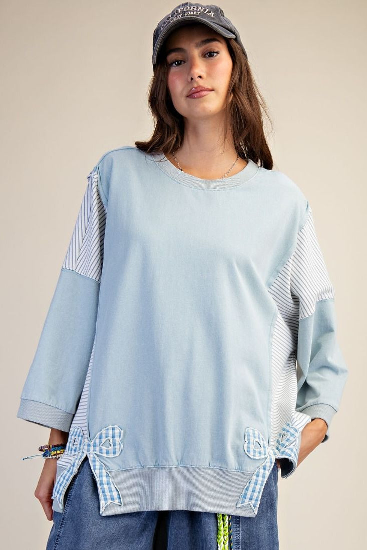 Washed Terry Bow Patch Detail 3/4 Sleeve Top | Dusty Blue
