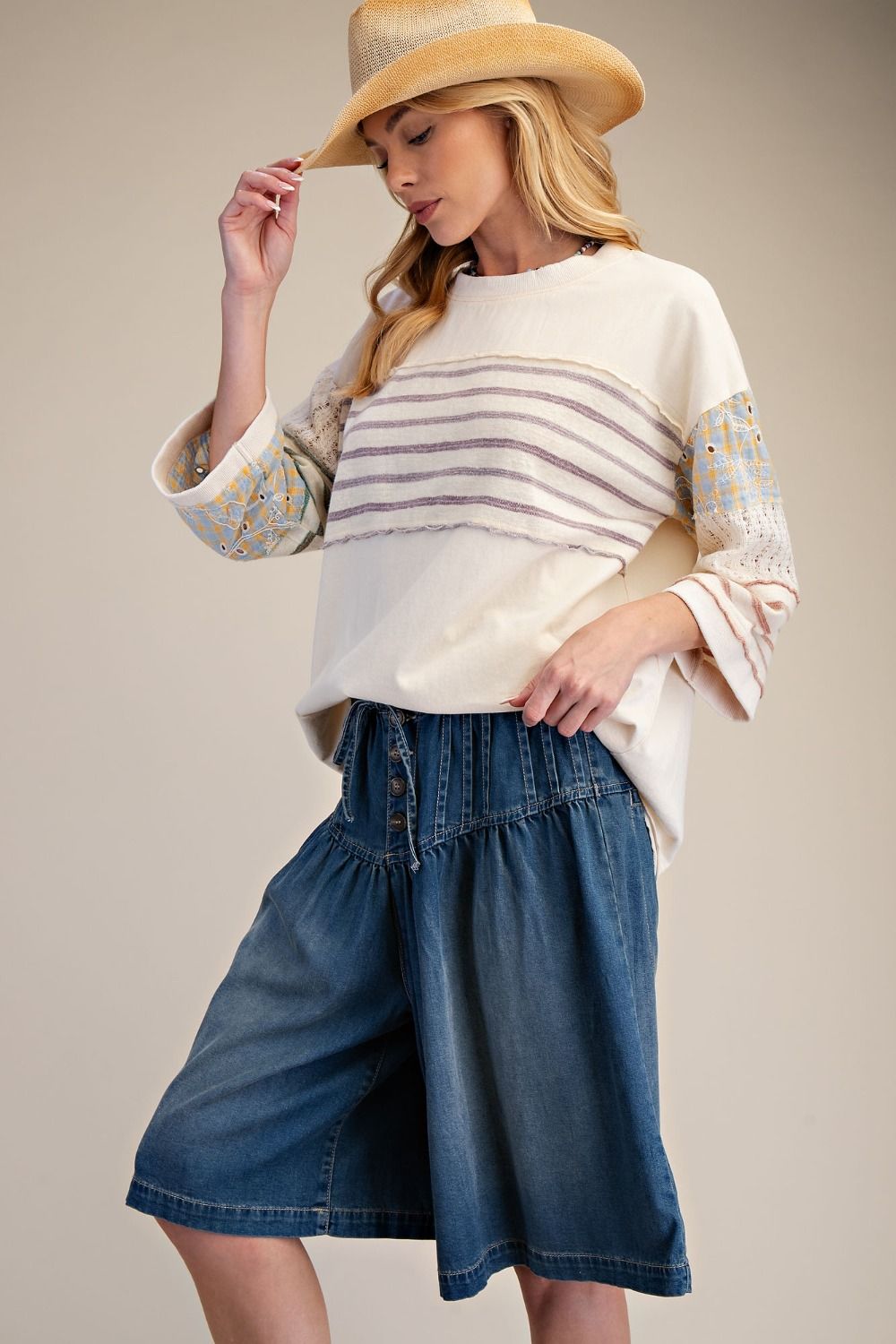 Mix Match Fabric Boxy Top | Ivory