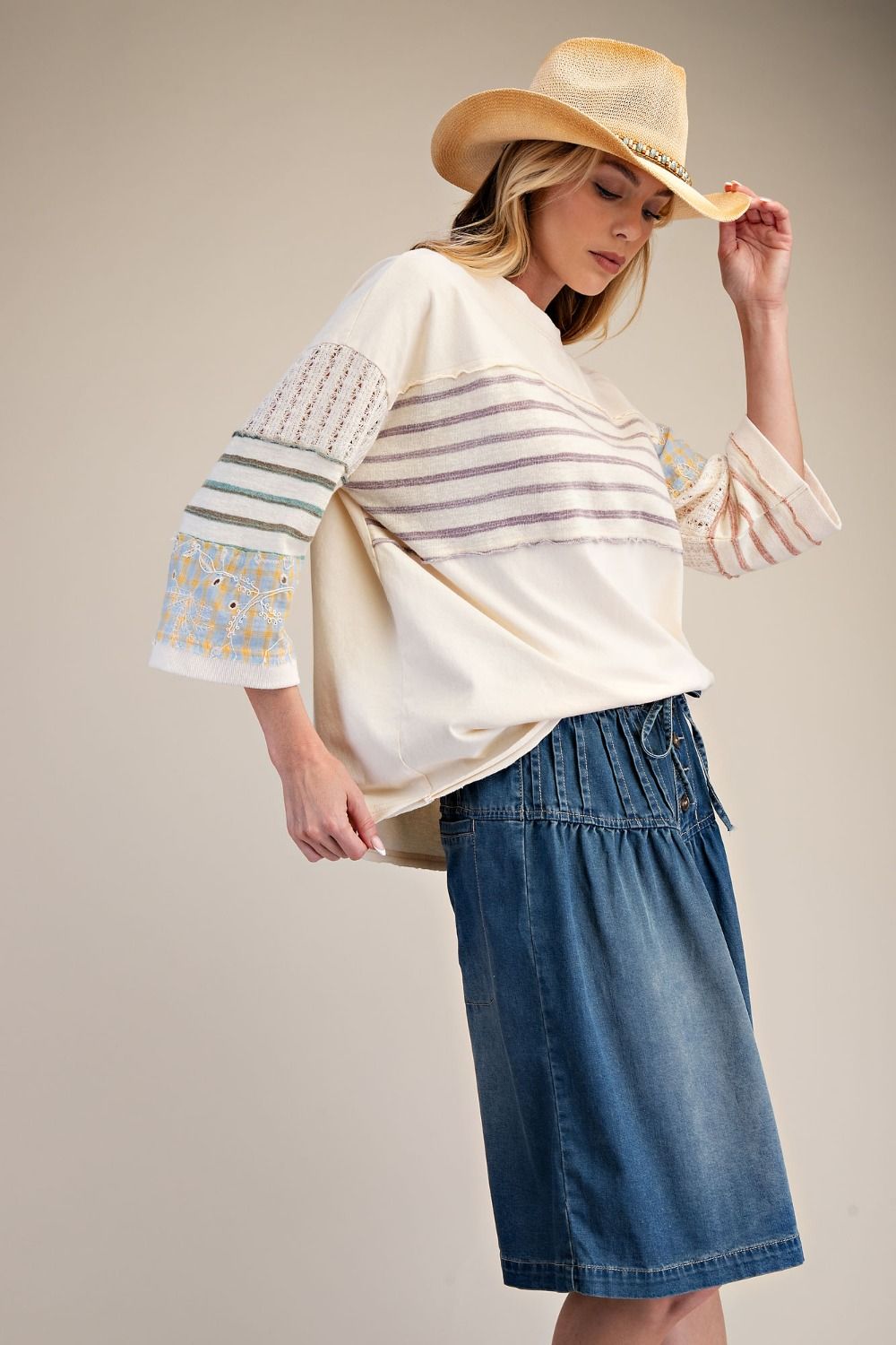 Mix Match Fabric Boxy Top | Ivory