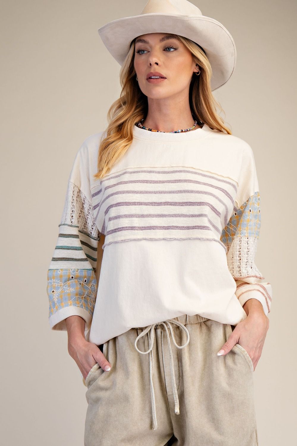 Mix Match Fabric Boxy Top | Ivory