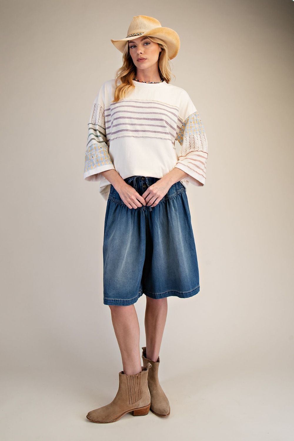 Mix Match Fabric Boxy Top | Ivory