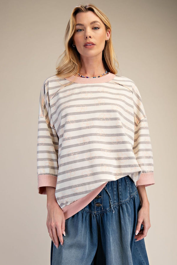 Striped 3/4 Sleeve Oversized Top | Grey/Blush