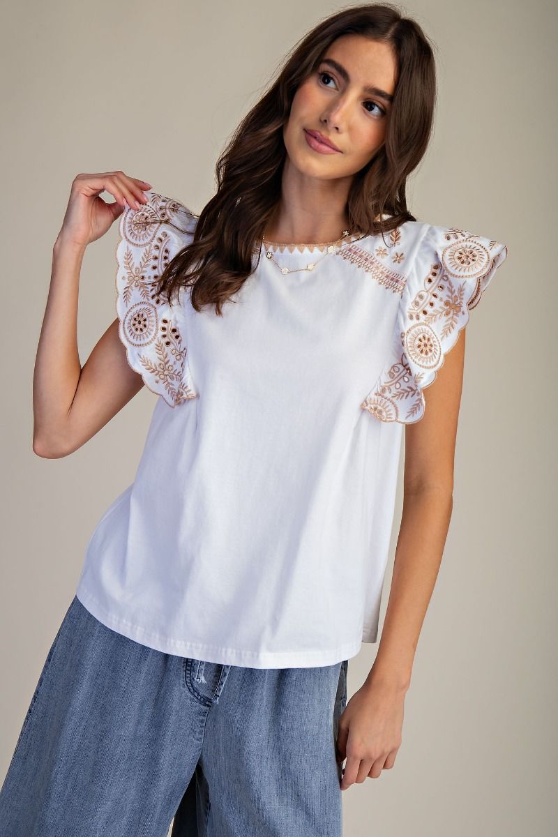 Embroidered Cap Wing Sleeve Top | White/Mocha