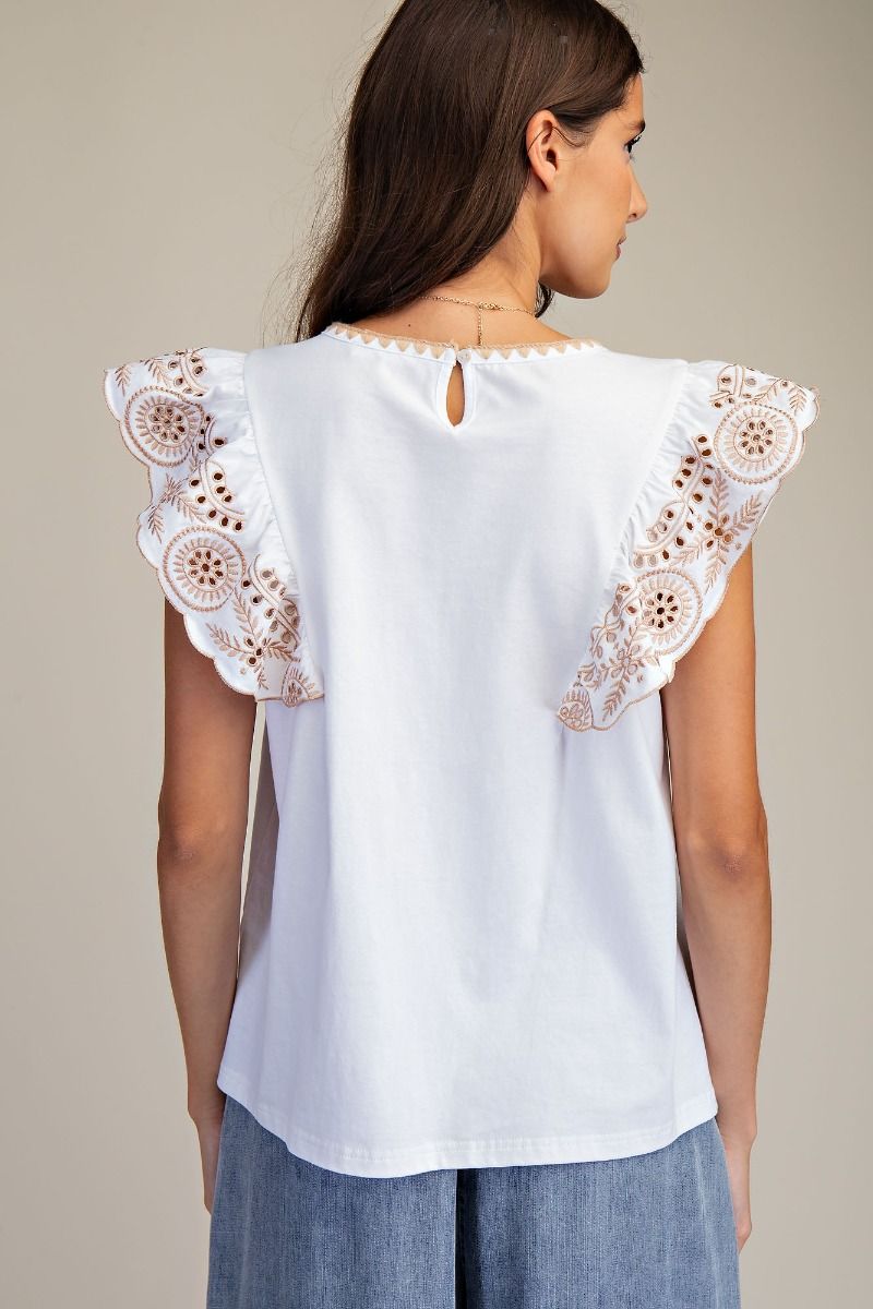 Embroidered Cap Wing Sleeve Top | White/Mocha