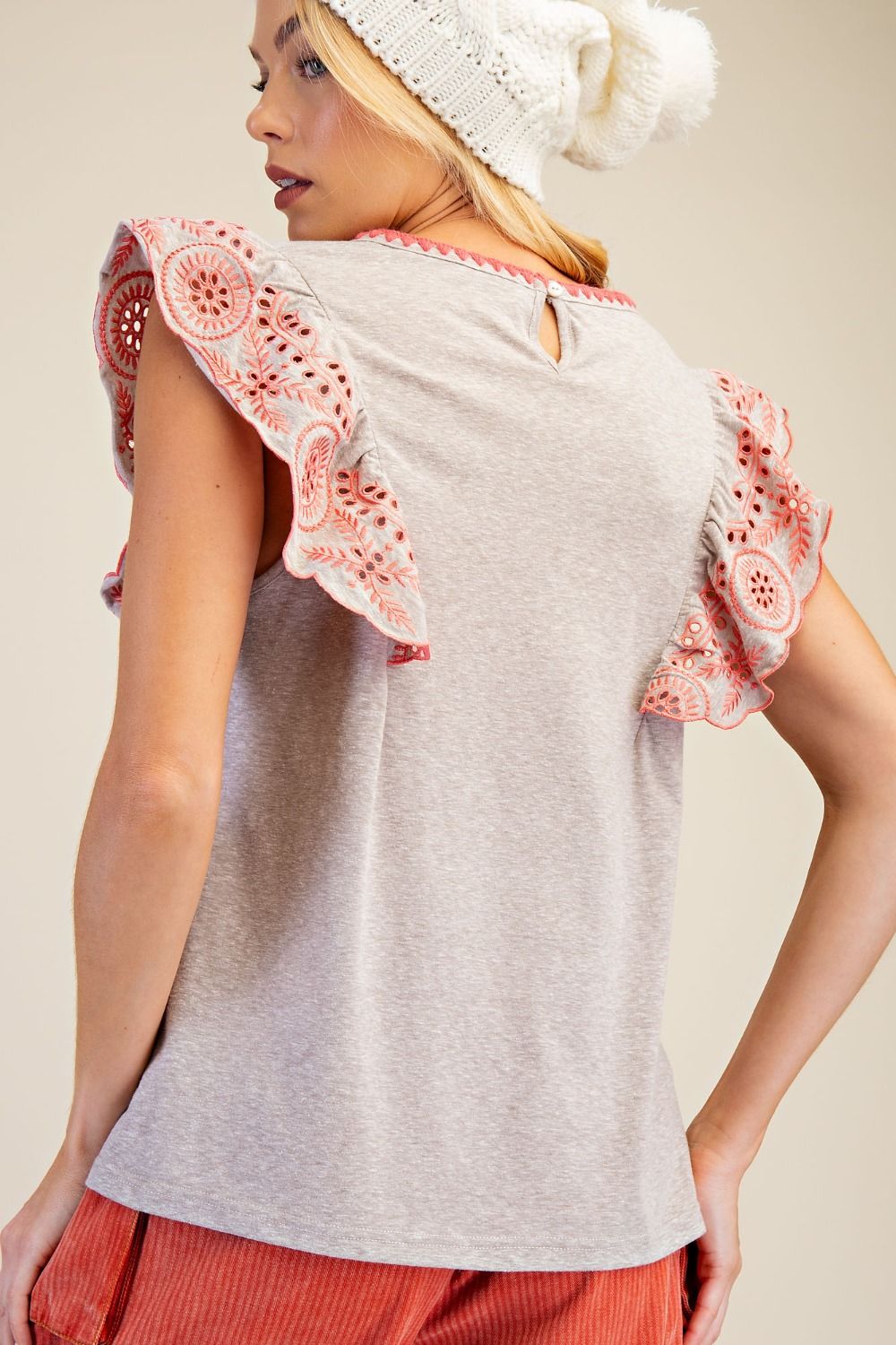 Embroidered Cap Wing Sleeve Top | Heather Grey/Pink